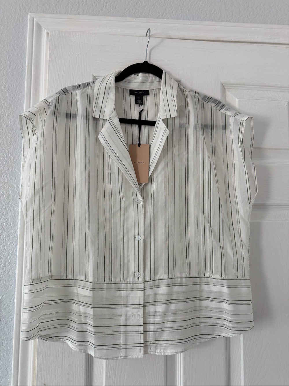 Halogen White Blouse with Green Stripes